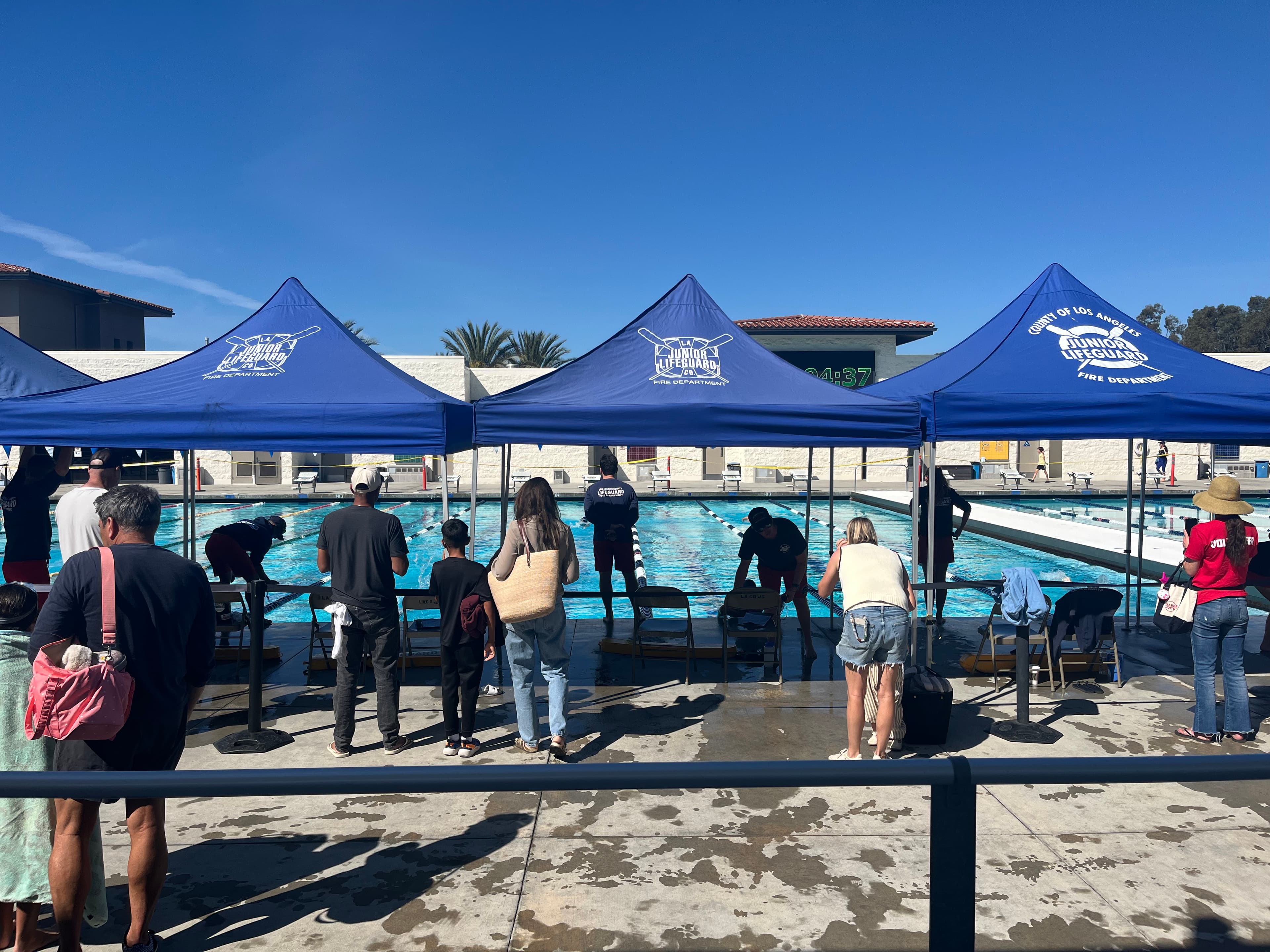 Junior Lifeguard tryout day on the beach with LA County tents